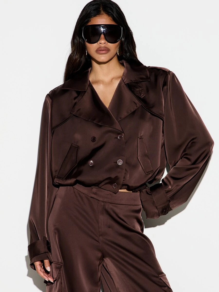 KIZN Cropped Satin Trench Jacket Double Breasted Lapel Collar Welt Pockets Long Sleeve Button Closure Luxe Outerwear - Brown - View 1