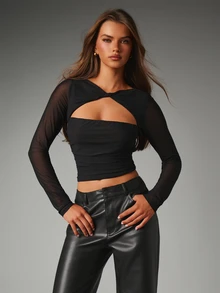 MISSGUIDED Twist Front Cut-Out Crop Top With Sheer Mesh Long Sleeves Ruched Body Fitted Silhouette Night Out Party Style - Black - View 1