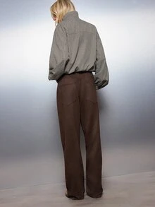MISSGUIDED Celana Panjang Model Lebar Pinggang Tinggi Bahan Campuran Wol dengan Saku Tempel, Celana Panjang Pas Badan, Cocok untuk Musim Gugur dan Musim Dingin, Warna Cokelat Tua - Coffee Brown - View 6