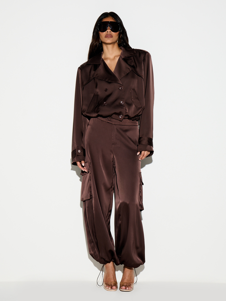 KIZN Satin Cargo Pants With Elastic Ankle And Balloon Leg