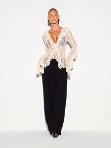 KIZN Sheer Lace Ruffle Front Tie Top With Bell Sleeves And Deep V Neckline For Date Night And Holiday Party - Cream - View 4