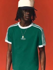 SUMWON Classic Three Stripe Crew Neck Short Sleeve Jersey Tee With Contrast Shoulder Stripes And Ribbed Cuffs - Green - View 6
