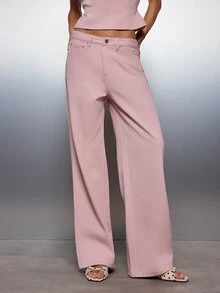 MISSGUIDED Wide Leg Low Rise Full Length Pink Denim Jeans With Side Pockets Spring Summer Casual Street Style Bottoms - Pink - View 2