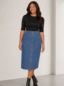ELLERISSA Plus Size Dark Wash High Waist Button Front Denim Pencil Midi Skirt - Dark Wash - View 4