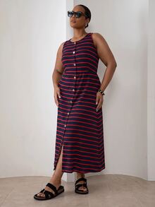 ELLERISSA Plus Size Blue & Red Stripe Round Neck Sleeveless Front Button Waffle Knit Midi Dress - Navy Blue - View 1