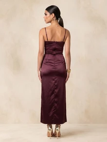 QUIZ Burgundy Satin Cowl Neck Corset Midaxi Dress With Ruched Wrap Skirt And Front Split, Elegant Long Dress, Wedding Guest Dress Women, Prom Dress, Party Dress, Summer Dresses For Women, Vacation Outfits Women, Weekend Out Dress - Red - View 2