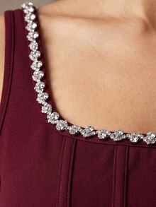 QUIZ Burgundy Diamante Trim Square Neck Corset Bodice Draped Sash Mini Dress, Dresses For Women, Wedding Guest Dress Women, Prom Dress, Party Dress, Special Occasion Formal Dress, Summer Dresses For Women, Summer Outfits For Women, Vacation Outfits Women - Burgundy - View 5