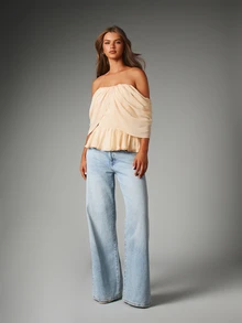 MISSGUIDED Cold Shoulder Chiffon Draped Blouse With Smocked Waist And Peplum Ruffle Hem Summer Party Top - Apricot - View 3
