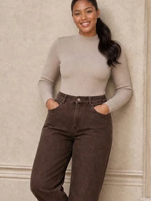 ELLERISSA Plus Size Brown High Waist Mom Jeans - Brown - View 6