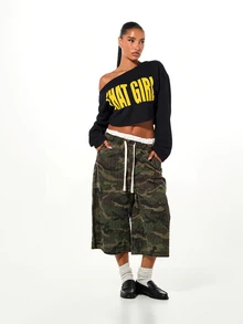 SUMWON WOMEN Oversized Crop Sweatshirt With Off Shoulder Neckline And Bold That Girl Graphic Print Front - Black - View 3