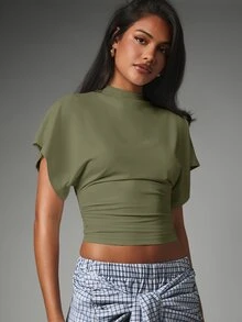 MISSGUIDED Mock Neck Crop Top With Flutter Sleeves And Ruched Waist Detail - Fitted Cropped Tee For Summer And Spring - Army Green - View 1