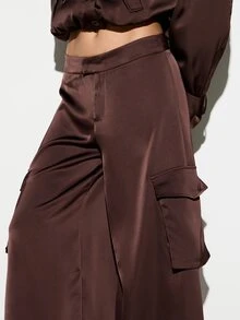 KIZN Celana Kargo Satin dengan Siluet Balon, Karet Pergelangan Kaki, Tali Serut, Pinggang Rendah, Saku Serbaguna, Kaki Lebar, Gaya Musim Gugur dan Musim Dingin - Coklat - View 4