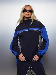 MISSGUIDED 配色拼接防風夾克，立領設計，對比色滾邊，彈性袖口，全開襟拉鍊，復古運動風 - 藍色 - 查看 4