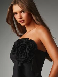 MISSGUIDED Strapless Corset Mini Dress With 3D Rose Applique Cut-Out Waist Asymmetric Hem Party Night Out Holiday Event - Black - View 2