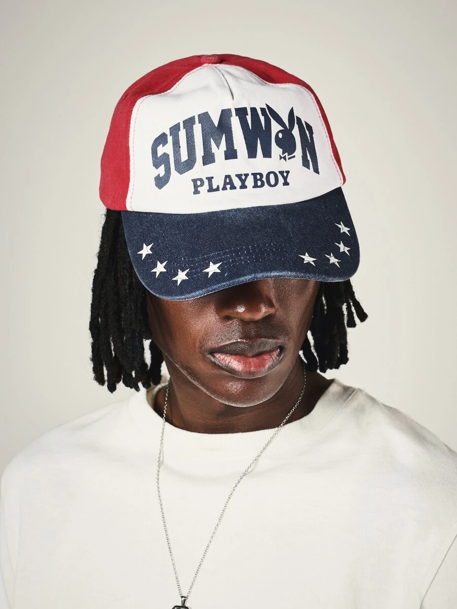 PLAYBOY X SUMWON Collab Color Block Snapback Cap With Star Print Brim And Bunny Logo Americana Style Hat - Red and navy blue - View 1