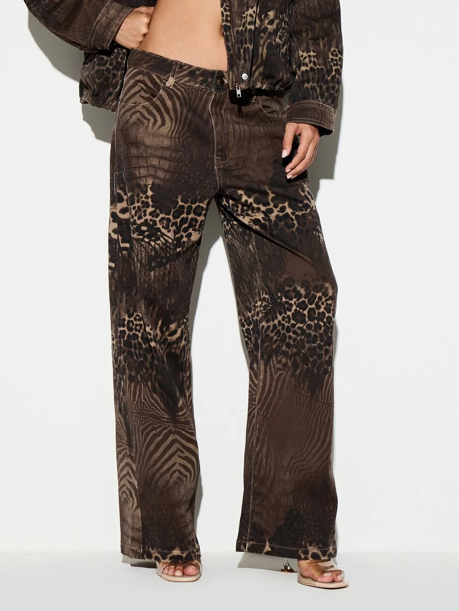 KIZN Celana Jeans Denim Kaki Lebar Motif Hewan Campuran Pinggang Rendah Panjang Penuh Motif Macan Tutul Zebra Buaya Musim Gugur Musim Dingin Celana Cokelat Vintage Dicuci - Coklat - View 1