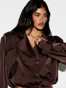 KIZN Cropped Satin Trench Jacket Double Breasted Lapel Collar Welt Pockets Long Sleeve Button Closure Luxe Outerwear - Brown - View 3