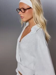 MISSGUIDED Setelan Santai Musim Gugur/Musim Dingin yang Terdiri dari Sweatshirt Berkerah Model Wrap Pendek dan Celana Panjang Kasual Berpinggang Tinggi dengan Potongan Lebar - Light Grey - View 5