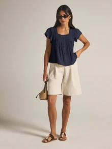 KSTM Square Neck Flutter Sleeve Blouse With Eyelet Trim Pintuck Front Button Down Relaxed Fit Top - Navy Blue - View 3