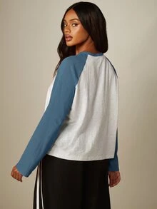 MISSGUIDED Long Sleeve Raglan Baseball T-Shirt With Contrast Teal Sleeves Crew Neck Oversized Casual Colorblock Top For Fall Winter - Blue - View 4