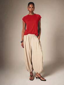 KSTM Relaxed Fit Cap Sleeve Round Neck T-Shirt With Raglan Seam Detail Everyday Casual Summer Essential - Red - View 5