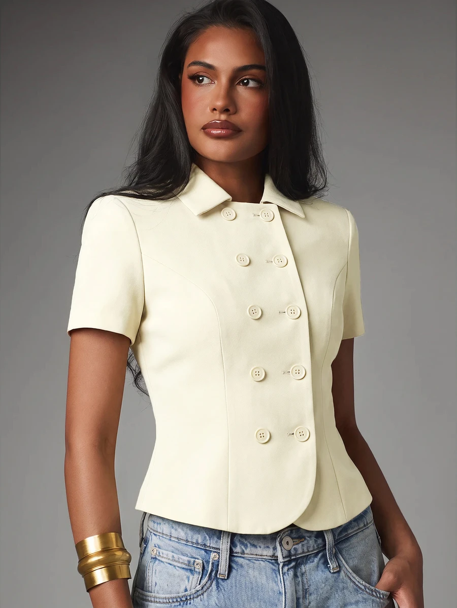 MISSGUIDED Double Breasted Short Sleeve Blazer Jacket With Spread Collar Fitted Waist Tonal Buttons Spring Summer Office Chic - Cream - View 1