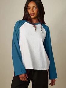 MISSGUIDED Long Sleeve Raglan Baseball T-Shirt With Contrast Teal Sleeves Crew Neck Oversized Casual Colorblock Top For Fall Winter - Blue - View 3