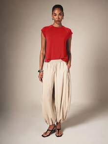 KSTM Relaxed Fit Cap Sleeve Round Neck T-Shirt With Raglan Seam Detail Everyday Casual Summer Essential - Red - View 3