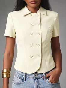 MISSGUIDED Double Breasted Short Sleeve Blazer Jacket With Spread Collar Fitted Waist Tonal Buttons Spring Summer Office Chic - Cream - View 2