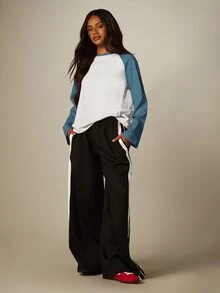 MISSGUIDED Long Sleeve Raglan Baseball T-Shirt With Contrast Teal Sleeves Crew Neck Oversized Casual Colorblock Top For Fall Winter - Blue - View 5