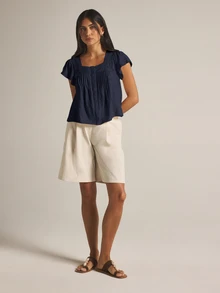KSTM Square Neck Flutter Sleeve Blouse With Eyelet Trim Pintuck Front Button Down Relaxed Fit Top - Navy Blue - View 5