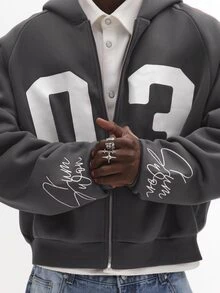 SUMWON Oversized Zip-Up Hoodie With Bold Varsity Number 03 Print And Signature Script Sleeve Detail For Fall Winter - Dark Grey - View 6