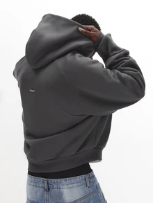 SUMWON Oversized Zip-Up Hoodie With Bold Varsity Number 03 Print And Signature Script Sleeve Detail For Fall Winter - Dark Grey - View 2