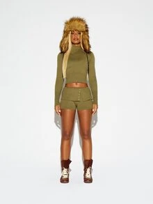 SUMWON WOMEN Ribbed Knit Mini Hot Pants With Button Detail Low Rise Micro Shorts Casual Summer Festival Layered Look - Army Green - View 3