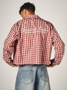SUMWON Plaid Flannel Shirt With Script Logo Embroidery On Back Collared Long Sleeve Oversized Fit Button-Up Top - Red and White - View 1