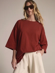 KSTM Oversized Boxy Crew Neck T-Shirt With Elbow Length Sleeves Solid Cotton Casual Relaxed Fit Drop Shoulder Top - Burgundy - View 5