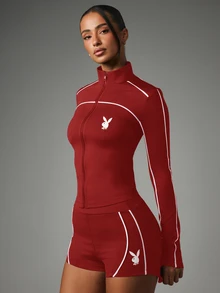 Missguided x Playboy Zip-Up Long Sleeve Track Jacket With White Piping Detail And Bunny Logo Emblem Stand Collar And Short Set - Red - View 3
