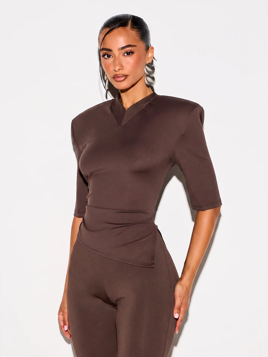 KIZN V-Neck Structured Shoulder Fitted Top With Elbow Length Sleeves And Ruched Waist Detail Fall Winter Essential - Brown - View 1