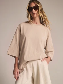 KSTM Camiseta de cuello redondo holgada y cuadrada con mangas de codo y hombros caídos, unicolor, ajuste relajado, esencial de verano para uso diario casual - Crema - Ver 5