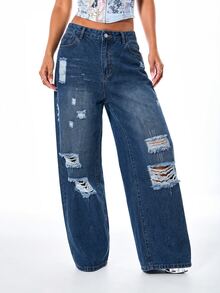 SUMWON WOMEN Wide Leg Distressed Denim Jeans With Old English Letter Applique Frayed Patch Detail And Ripped Knee Cut Out - Dark Wash - View 5