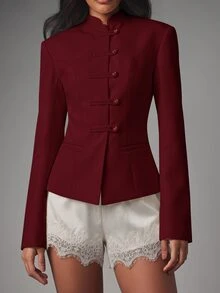 MISSGUIDED Mandarin Collar Blazer Jacket With Frog Button Closure And Structured Tailored Fit For Fall Winter Office Occasions - Burgundy - View 2