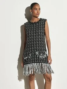 KSTM Tweed Checked Sleeveless Mini Shift Dress With Fringe Hem Detail Crew Neck Boxy Fit Party Holiday Evening Style - Multicolor - View 1