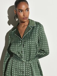 KSTM Geometric Print Satin Pajama Shirt With Notch Collar Contrast Piping Belt Tie And Stripe Hem Detail - Multicolor - View 4