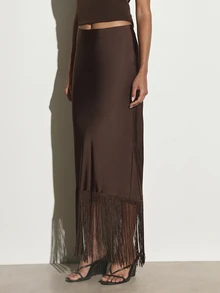 KSTM Rok Pensil Maxi Satin dengan Detail Rumbai di Bagian Bawah, Siluet Bodycon Pinggang Tinggi, Cocok untuk Pesta Malam, Liburan, dan Acara Lainnya. - Hitam - View 3