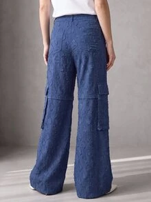 Rouah Women's Textured Cargo Pocket Straight Leg Loose Fit Pants - Autumn Pants, Fall Pants, Textured Pants For Autumn, Wide Leg Pant, Wide Leg Texture Trouser For Autumn - Blue - View 2