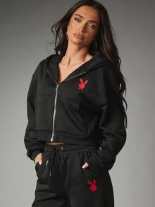 Missguided x Playboy Leopard Print Applique Logo Cropped Sweatshirt Oversized Pullover Long Sleeve Back Graphic Winter Essential - Black - View 2