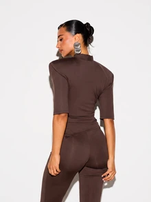 KIZN V-Neck Structured Shoulder Fitted Top With Elbow Length Sleeves And Ruched Waist Detail Fall Winter Essential - Brown - View 2