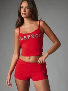 Missguided x Playboy Celana Pendek Mini Motif Leopard dengan Logo, Pinggang Elastis, Bahan Rajut Elastis, Cocok untuk Festival dan Pesta Musim Panas. - Merah - View 5