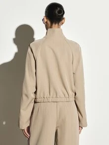 KSTM Pinstripe Zip-Up Track Jacket With Stand Collar Contrast Burgundy Side Stripe Elastic Hem Drawstring Waist Oversized Fit - Multicolor - View 2