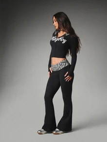 Missguided x Playboy Script Logo Flared Leggings With Zebra Print Fold-Over Waistband Full Length Low Rise Bootcut Style Casual Everyday Pants - Black - View 5